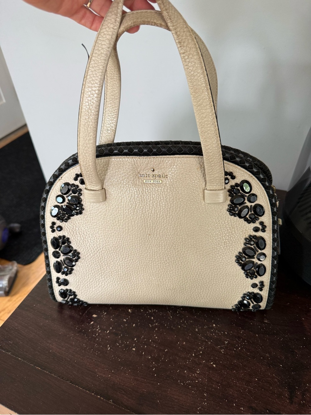 kate spade cream and black jeweled satchel